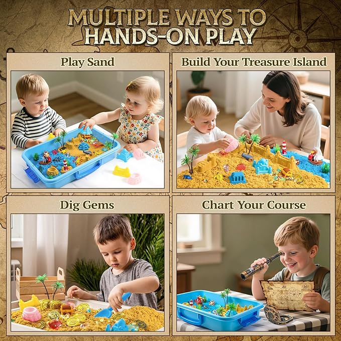 Pirate Treasure Chest Sensory Bin,Play Sand Kit for Boys with Pirate Accessories,2.2lbs Sand,Glow in The Dark Gems and Map,Pretend Play Adventure Sensory Toys for Toddlers Kids Ages 3 4 5 6 7 8