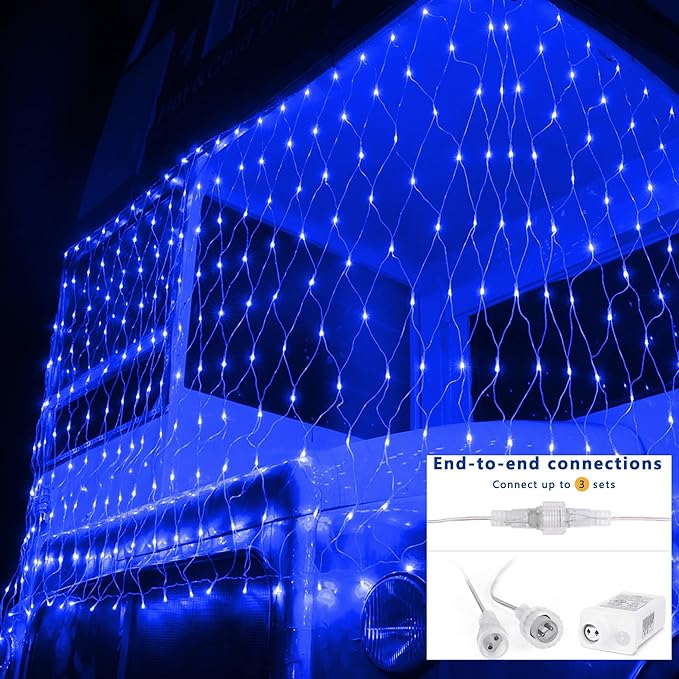 Joomer Christmas Net Lights - 2PACK 12FT x 5FT 360 LED Plug-in Mesh Lights, Waterproof with 8 Modes, Timer, Connectable for Bushes, Trees, Garden, Outdoor Christmas Decor (Clear Wire, Blue)
