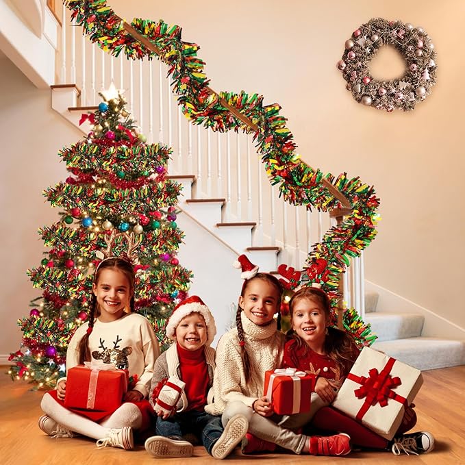 LEASEN 50 Feet Christmas Tinsel Garland Metallic Twist Garland Shiny Hanging Garland Ornaments for Christmas Tree Holiday Home Party Supplies Indoor Outdoor Decoration Red Green Gold