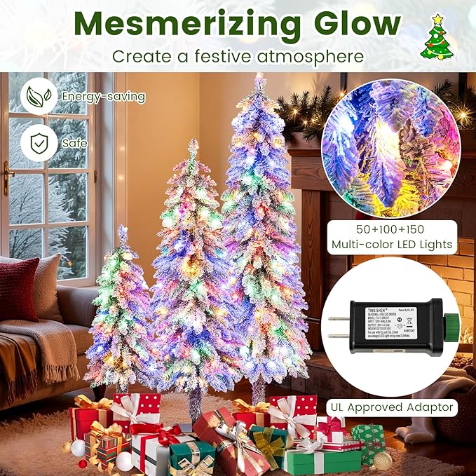 GOFLAME Set of 3 Pre-lit Pencil Christmas Tree, Snow Flocked Artificial Xmas Trees 3Ft, 4Ft and 5Ft with Multi-Colored LED Lights, Slim Christmas Tree, Holiday Decoration Tree with Metal Base