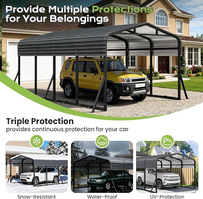 12x20FT Metal Carport, Heavy Duty Car Garage w/Reinforced Support Rods and Windproof Ground Anchors, All-Weather Multi-Use Outdoor Shelter for Car, Boats and Truck
