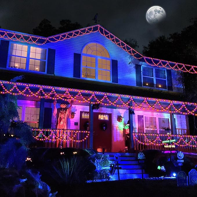 XTF2015 Halloween Lights Outdoor Color Changing 40FT 380 LED Orang Purple Halloween String Lights Extendable 8 Modes, Waterproof Half Round Hallowee n Light for House Roof Eaves Garden Patio