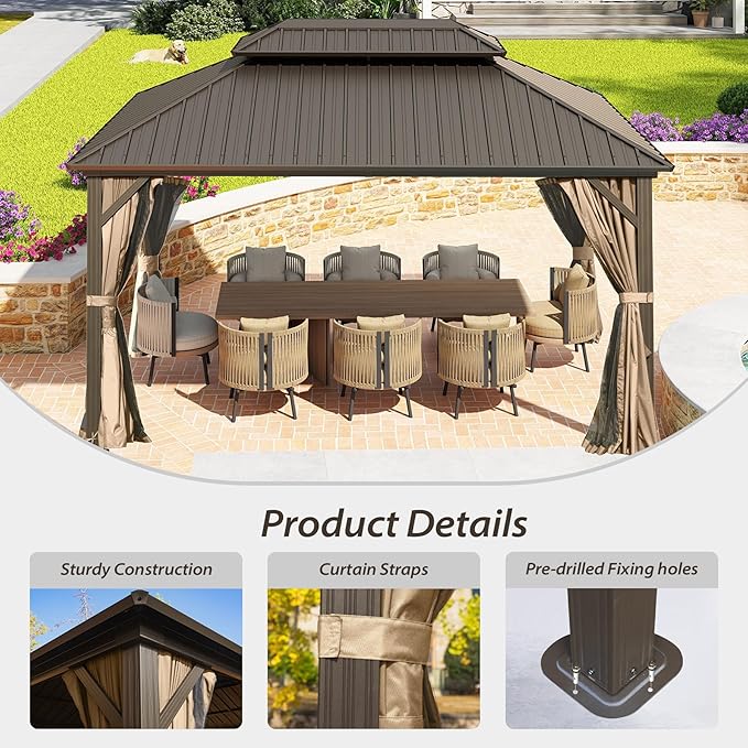 Domi 12'x16' Hardtop Gazebo Canopy Metal,Outdoor Metal Gazebo with Galvanized Steel Double Roof,Curtain and Netting,Permanent Gazebo Pavilion for Patio Deck,Backyard