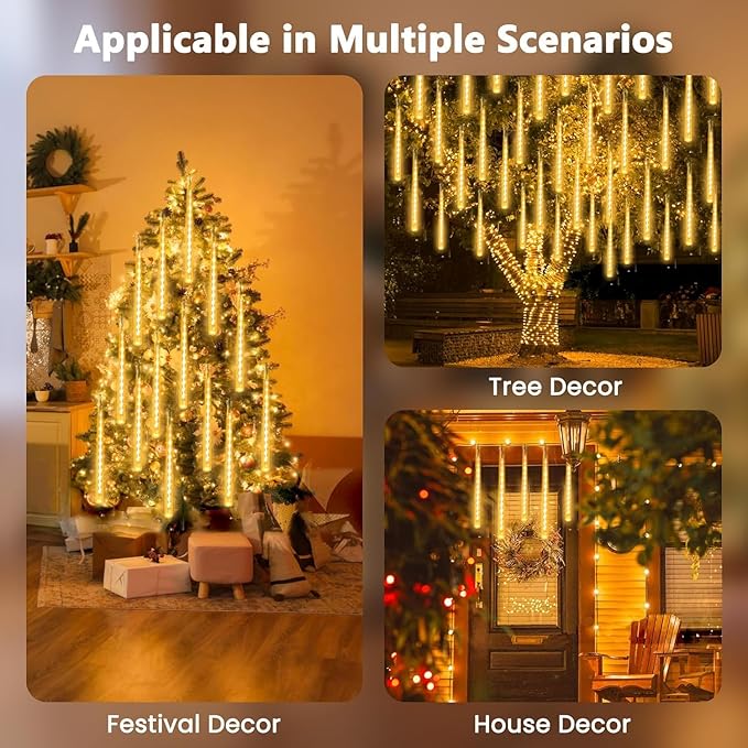 2-Pack Christmas Decorations Lights Outdoor, Total 384LED Meteor Shower Lights with Timer, 30cm 16 Tubes Indoor Outdoor Snow Cascading String Light for Xmas Tree Roof Party Garden Decor (Warm White)