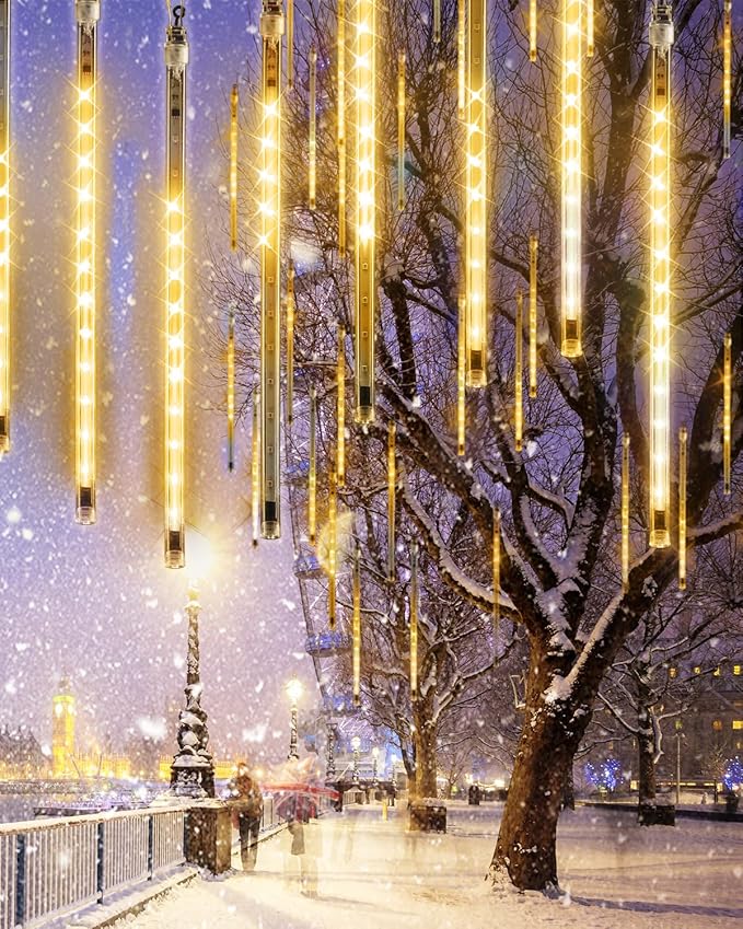 Warm White 20 Tubes Meteor Shower Icicle Lights 480 LED Raindrop Lights with Timer Function Cascading Falling Rain Light for Holiday Party Christmas Decorations