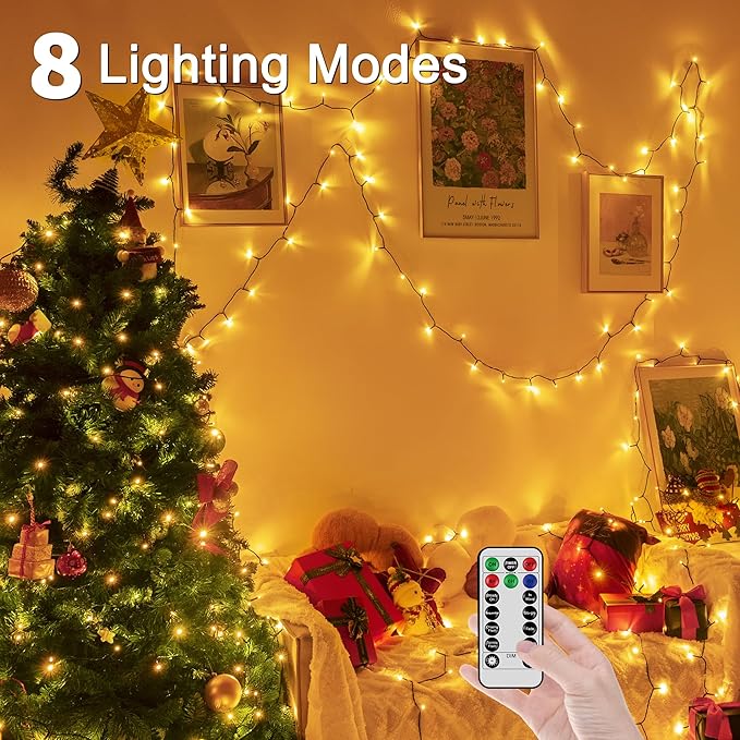 Christmas Tree Lights 98 FT 300 LED, Warm White Christmas Lights Indoor Plug in, 8 Modes Twinkle String Lights for Bedroom Party Ceiling Xmas Home Decorations