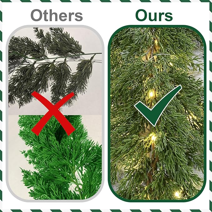 3PCS 6.2FT Christmas Garland with Lights, Real Touch Cedar Garland Artificial Realistic Thick & Lush Greenery, Soft Artificial Pine Garland for Mantle Fireplace Table Wall Indoor Christmas Decorations