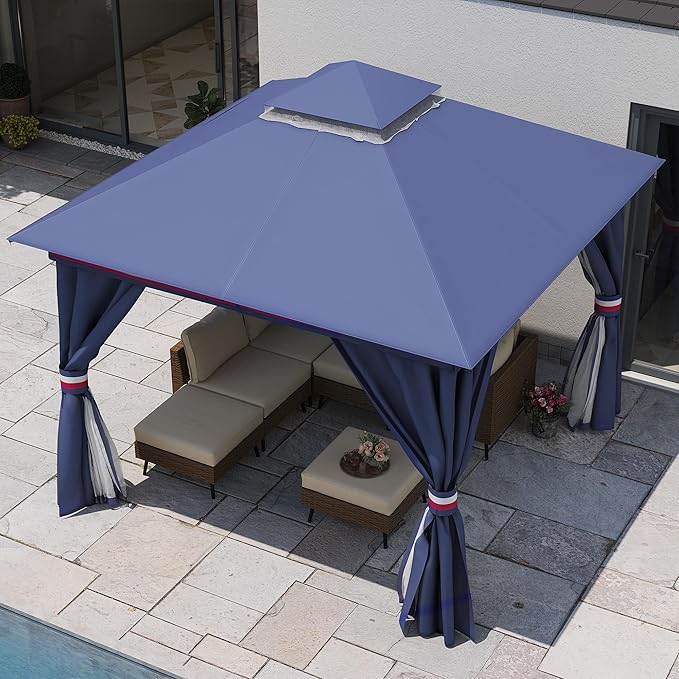 LAUSAINT HOME Semi-Permanent Patio Gazebo 10'x10' with Expansion Bolts, Outdoor Heavy Duty Party Tent with Double Roofs, Mosquito Nettings and Privacy Screens for Backyard, Garden, Lawn, Elegant Blue