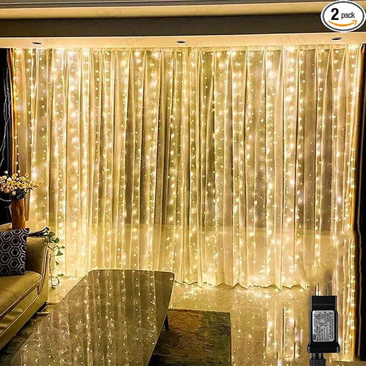 Vigdur Led Curtain String Lights, 2 Packs 8FT Window Fairy Lights for Bedroom with 210 Warm LEDs, Hanging Twinkle Indoor String Light for Party Wedding Garden Wall Decor(8 * 7ft)