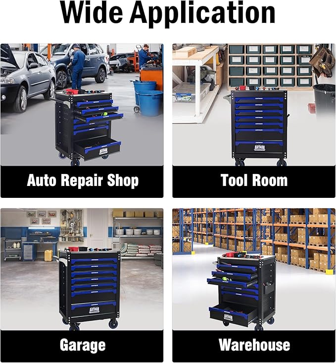 RYH 26.65 W Rolling Tool Cart with Wheels & Steel Top | Mobile Tool Chest Organizer for Garage Storage Cabinet & Toolbox | Heavy-Duty Steel Tool Bo(Black-Blue, 7-Drawers 39.17 H¡¿26.65 W-1)