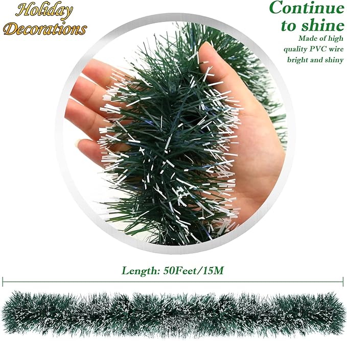 50 Ft Green Christmas Tinsel Garland Metallic Twist Shiny Hanging Garland Decorations for Christmas Tree, Xmas Decor for Holiday Home Party Supplies Indoor Outdoor Decoration