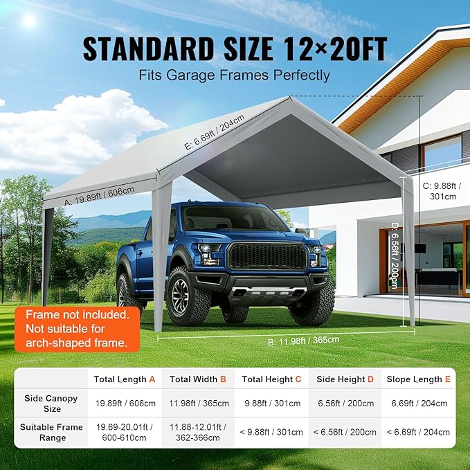VEVOR Carport Replacement Canopy Cover 12 x 20 ft, Garage Top Tent Shelter Tarp Heavy-Duty Waterproof & UV Protected, Easy Installation with Ball Bungees,Grey (Only Top Cover, Frame Not Include)