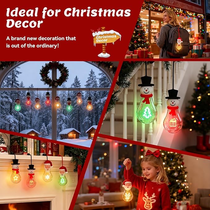 Brightever 2-Pack Lighted Christmas Hanging Ornaments for Christmas Tree Decor, Santa Claus Night Lights USB Rechargeable, Shatterproof A19 LED Bulbs with Bell and Reindeer Filaments for Indoor Decor