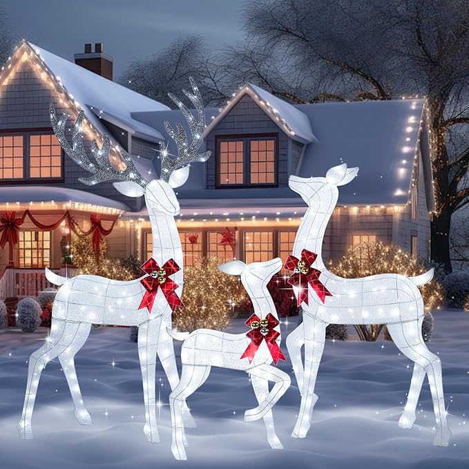 72Inch Light Up Reindeer Outdoor Christmas, 3-Piece 3D Lighted Christmas Deer Family Set with 240 LED Cool White Lights for Yard Patio Lawn Garden Party, White