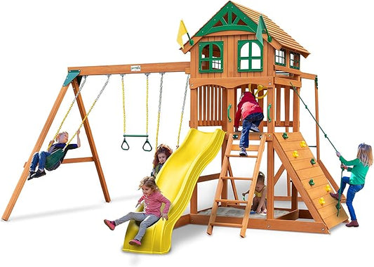 Gorilla Playsets 01-1069-Y Outing Wood Swing Set with Wood Roof and Monkey Bars - Yellow Slide, Amber