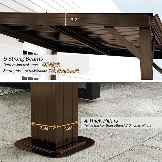 Domi 10'x12' Wall Mounted Hardtop Gazebo, Connectable Lean to Pergola with Gutters & Galvanized Steel Roof, 60MPH Wind Resistance, Outdoor Heavy Duty Metal Awning for Patio, Deck, Backyard - Brown