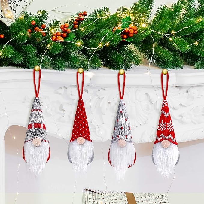D-FantiX Gnome Christmas Ornaments Set of 4, Handmade Swedish Tomte Gnomes Plush Scandinavian Santa Elf Table Ornaments Christmas Tree Hanging Decoration Home Decor 2025