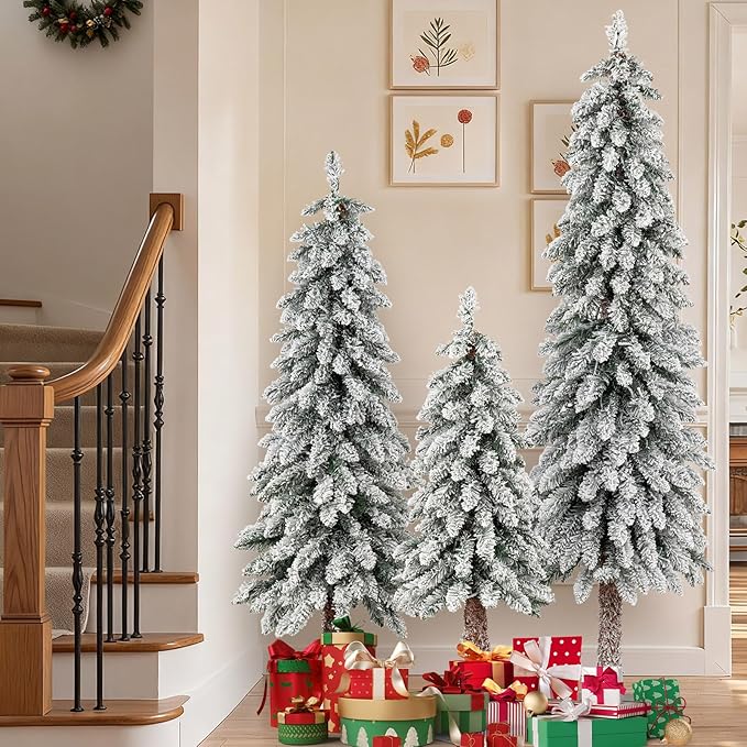 GOFLAME Set of 3 Pre-lit Pencil Christmas Tree, Snow Flocked Artificial Xmas Trees 3Ft, 4Ft and 5Ft with Multi-Colored LED Lights, Slim Christmas Tree, Holiday Decoration Tree with Metal Base