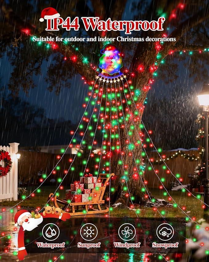 Christmas Decorations Outdoor String Lights - 335 LED 11.48ft 9 Strands Waterfall Tree Lights with Topper, 8 Lighting Modes Christmas Lights Indoor Decorative for Wedding Yard Party Home
