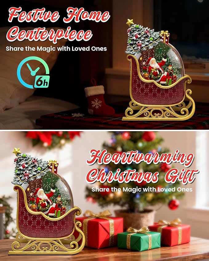 Christmas Santa Snow Globe Light up Lantern with 8 Songs, 9.17" Red Christmas Snow Globes for Kids Adults, 6H Timer & Dual Power, Snowglobes Christmas Decorations Indoor, Gifts for Women Men
