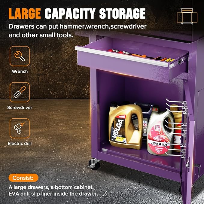 Crownland 5-Drawer Rolling Tool Chest with Wheels, Lockable 2 in 1 Detachable Tool Cabinet wit Drawers and Black Liners, Garage Top Toolbox & Bottom Storage Cart with Side Hooks(Purple)