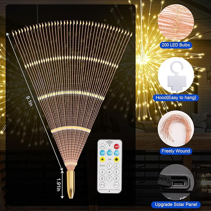 Solar Christmas Firework Lights Outdoor, 5 Pack 1000LED Solar Starburst Lights with Remote, 8 Modes Dimmable Waterproof Hanging Fairy Lights for Garden, Patio, Holiday Christmas Decor (Warm White)