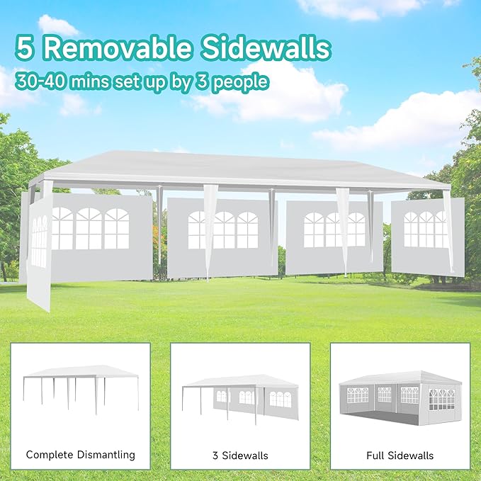 10' x 30' Outdoor Canopy Tents with 5 Detachable Sidewalls, White Patio Gazebo Tent, Shade Tents with Transparent Windows, Ideal for Party, Wedding, Birthday, Events, Gatherings, BBQ