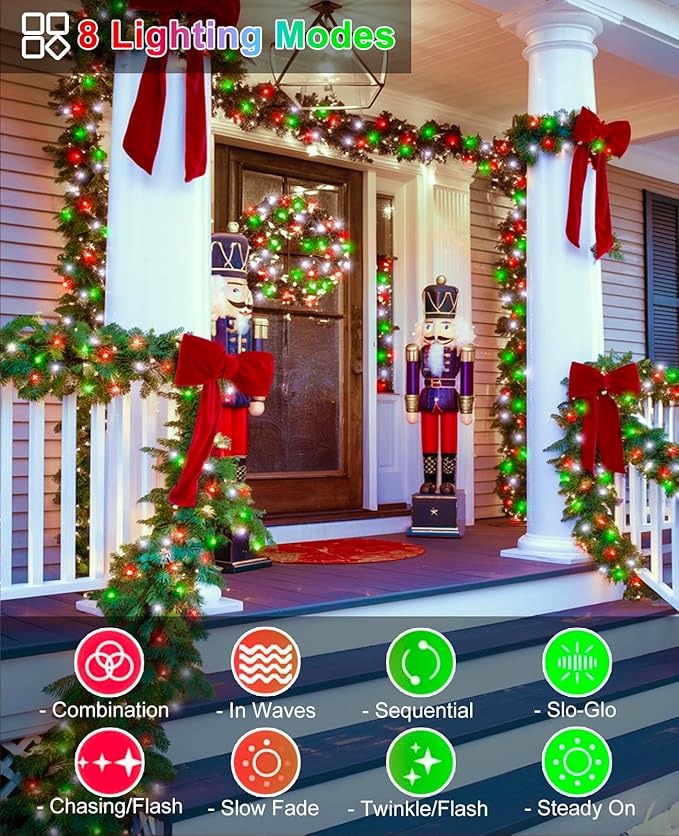 Red White Green Christmas Lights Outdoor, 80FT 240 LED Christmas Tree Lights Waterproof Plug in, 8 Modes Connectable Christmas Decorations Green Wire for Indoor Home House Patio Holiday
