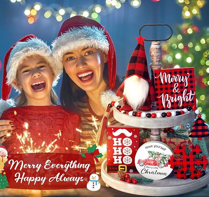 Christmas Tiered Tray Decor 6 PCS Xmas Decorations for Home - Xmas Table Decor Wooden Signs & Buffalo Plaid Gnome Plush Set - Farmhouse Christmas Tray Decoration Kitchen Table Mantel