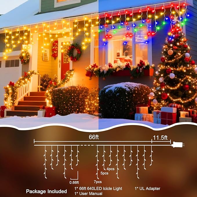 66 Ft Ice Lights for Outside, 640 LED Christmas Lights Outdoor Plug in, Christmas String Lights with 11 Modes & Timer for Holiday, Party, Wedding, House, Patio, Outdoor Decorations