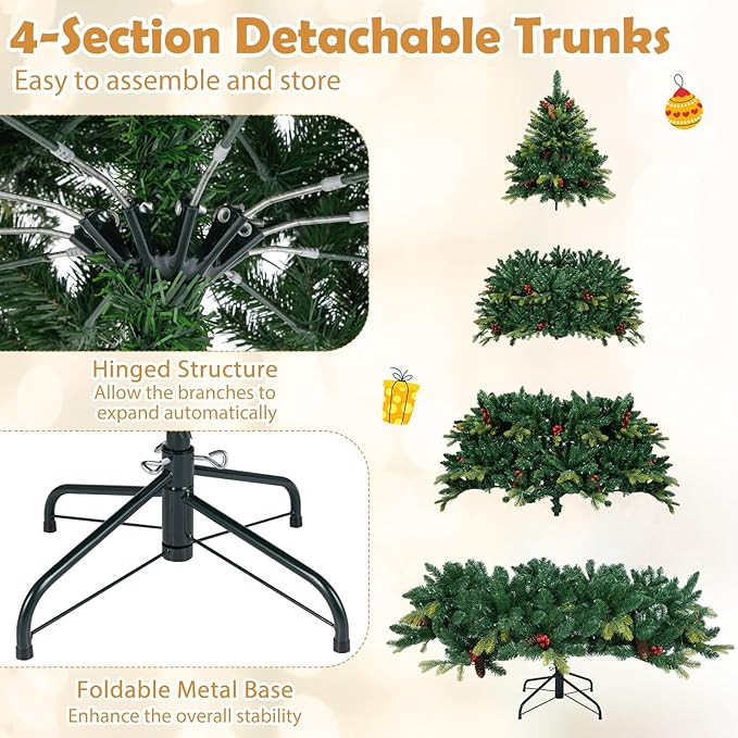 GOFLAME 8FT Pre-lit Artificial Christmas Tree, Hinged Xmas Tree with Remote and App Control, 650 Color & Mode Changing RGB Lights, Timer, 1936 Branch Tips, Pine Cones and Red Berries