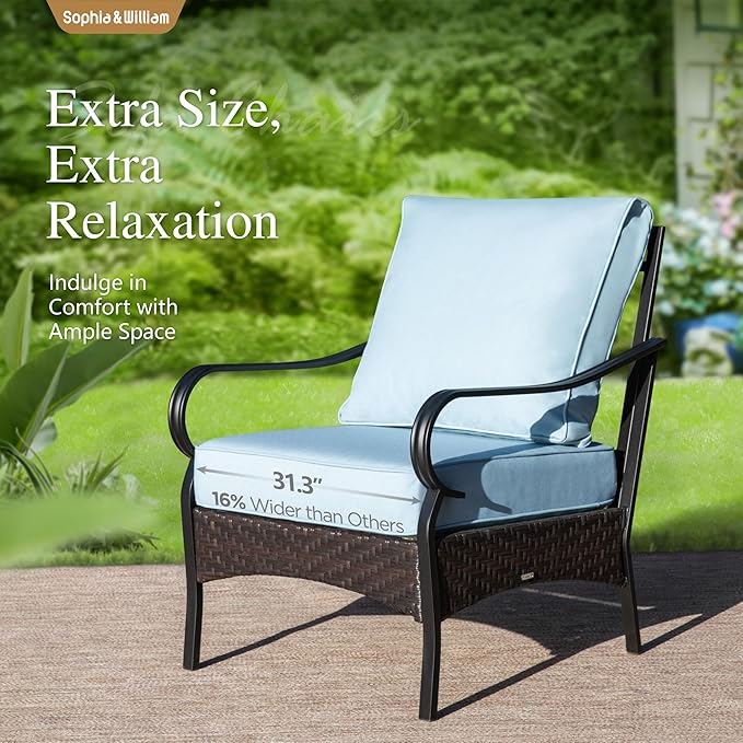 Sophia & William Extra Large Outdoor Patio Sofa Chairs Set 2 PCS Heavy-Duty Porch Furniture with High Back & Deep Seating Area, 5.5" Thicken Cushions for Deck, Lawn, Outside (Blue)