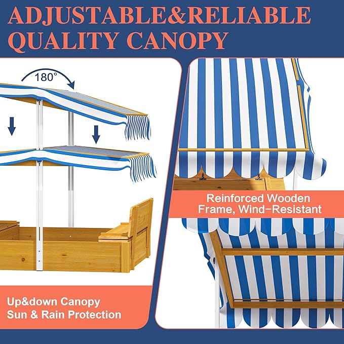 Kids Sandbox with Lid, Wooden Sand Box with Cover Adjustable Canopy, Storage,and Bottom Liner, for Backyard Outdoor Playgrounds Equipment Ages 4-8