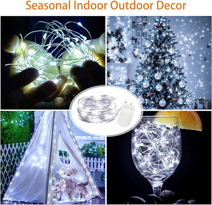 VOOKRY 32 Pcs Fairy Lights Battery Operated String Lights - 10 ft 30 LEDs Waterproof Silver Wire Mini Firefly Starry Moon Lights for DIY Crafts Wedding Party Table Centerpieces Christmas(Cool White)