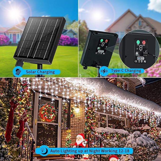Solar Christmas Lights 66+16Ft 660LED Icicle Lights for Outside 2400mAH Connectable Rechargeable Dimmable Remote Twinkle Fairy String Lights for Xmas Yard Eaves House Roof Decorations