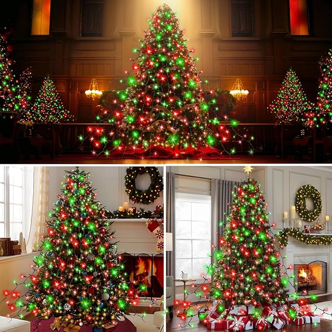 Easy Christmas Tree Lights Indoor Outdoor, 420 LED Christmas String Lights 6.6FT x 12 Lines with 8 Modes & Timer, Waterproof Twinkle Lights Plug in for 6FT Xmas Tree Christmas Decoration (Red & Green)
