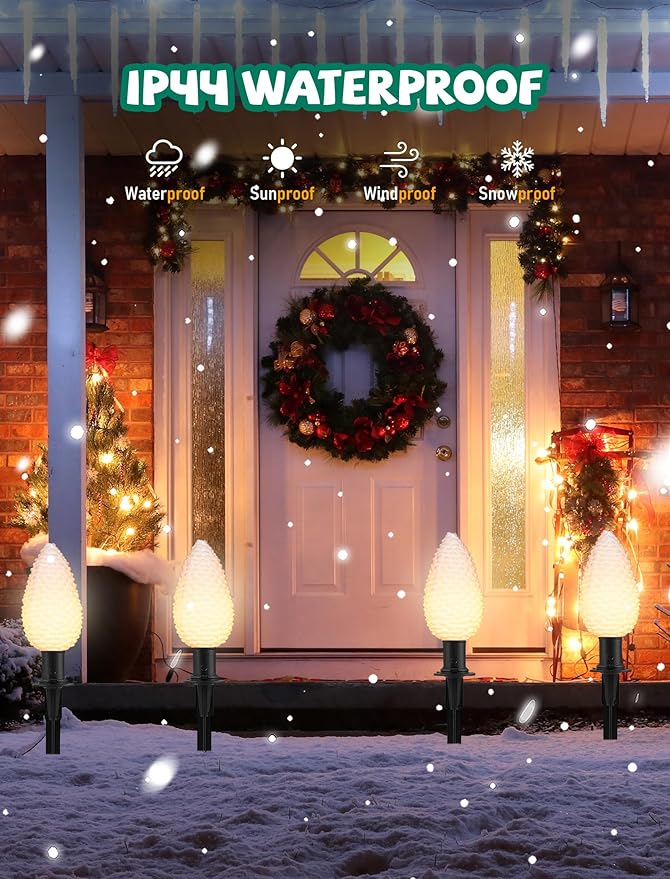 C9 Christmas Lights Outdoor Decorations Lawn with Pathway Marker Stakes, 7 Feet String Lights Covered 4 Jumbo Led White Pinecones for Holiday Time Outside Yard Garden Decor, 4 Lights