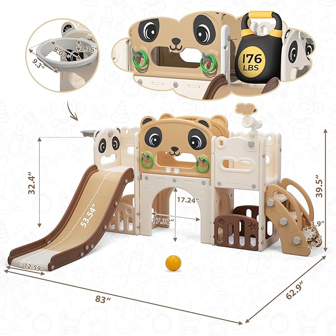 9-in-1 Toddler Slide and Climber Set Indoor Outdoor Slide Playset for Kids Age 1-8, Freestanding Backyard Playground with RNG Toss, Basketball Hoop,Telescope, Storage Space