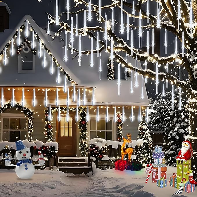 Christmas Lights Outdoor, Meteor Shower Lights 8 Tubes 192LED UL Certified Snow Falling Rain Cascading Icicle Light for Xmas Tree Christmas Decorations Outdoor Wedding Party Window, White