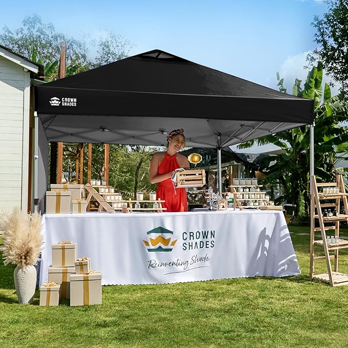 CROWN SHADES 12x12 Pop Up Canopy Tent Instant Commercial with 150D Silver Coated Fabric Including 1 Removable Sidewall, 4 Ropes, 8 Stakes, Weight Bags, STO 'N Go Bag, Black