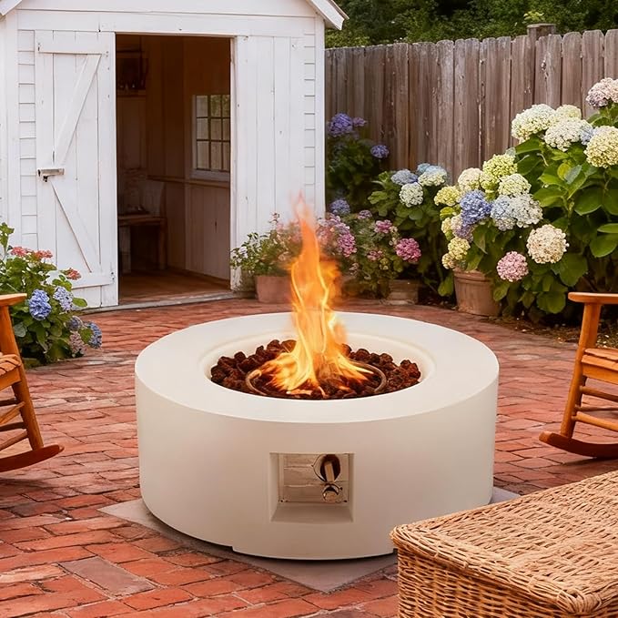 ECOTOUGE Round Propane Fire Pit, 30 Inch Outdoor Gas Fire Pit Table, Steel Fire Table w/50,000 BTU Auto-Ignition, Weather-Resistant Pit Cover, Lava Rocks, No Tank Holder, White