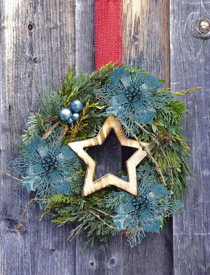 RECUTMS Pack of 10 Glitter Poinsettia Christmas Flowers Decorations Christmas Tree Ornaments,Artificial Wedding Christmas Flowers Wreaths Wedding Ornaments 6"(16cm) Diameter(Blue)