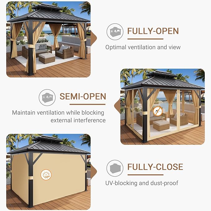 Outdoor Hardtop Gazebo 10x12 FT Heavy Duty Aluminum Gazebo with Double Roof, Metal Frame Patio Canopy with Netting, All-Weather Protection Metal Canopy for Patio, Garden, Poolside (Khaki)