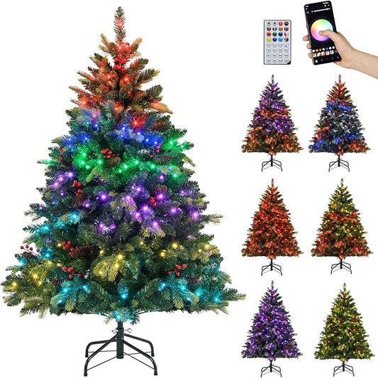GOFLAME 5FT Pre-lit Artificial Christmas Tree, Hinged Xmas Tree with Remote and App Control, 250 Color & Mode Changing RGB Lights, Timer, 584 Branch Tips, Pine Cones and Red Berries