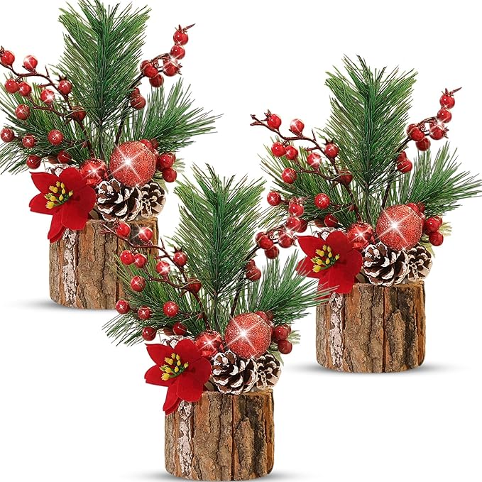 3 Pcs 11 Inch Christmas Tree Tabletop Artificial Mini Christmas Tree Decorations with Holiday Ornaments Pine Cone Berry Farmhouse for Fireplace Home Indoor Decor (Poinsettia)