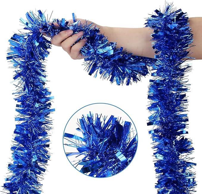 33FT Blue Christmas Tinsel Garland，Metallic Christmas Tree Decoration, Tinsel Garland Decoration for Christmas Decoration, Halloween & Birthday Party, Indoor and Outdoor Activity New Year Parties