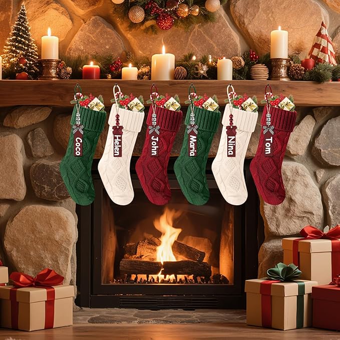 Christmas Stockings 18 Inches,Long Knitted Stocking with Name Tags, Christmas Decoration Hanging Stockings Fireplace Xmas Tree Ornaments for Home Family