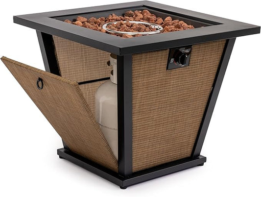 28'' Propane Fire Pit Table, 50,000 BTU Fire Table with Steel Lid, Big V-Shape Legs, Laval Rocks.