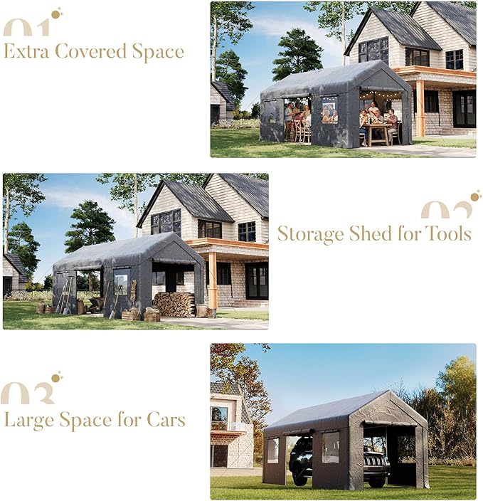 10x20ft Heavy Duty Carport, Reinforced Frame, Weatherproof Canopy with Roll-up Ventilated Windows & Sidewalls, Easy Assembly Portable Car Shelter for Garage/Storage/Party