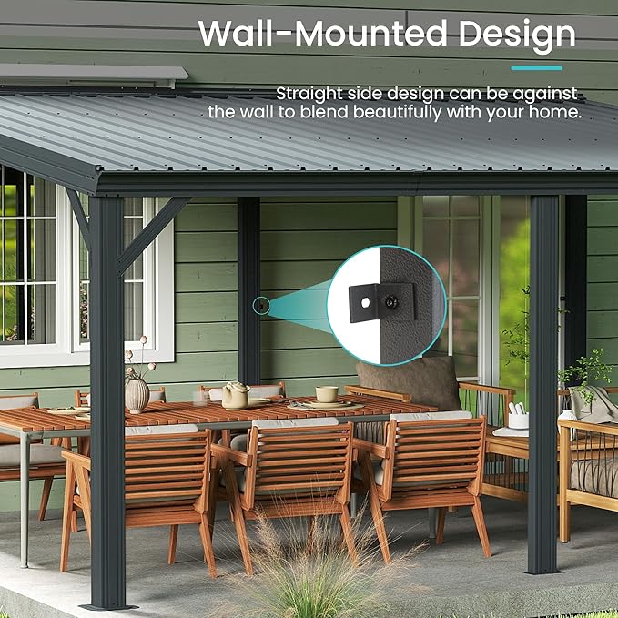 Domi 12' x 16' Lean to Gazebo, Wall Mounted Gazebos Pergola with Built in Drainage System, Galvanized Steel Roof, Hardtop Patio Shelter for Deck, Porch, Backyard and More,Gray